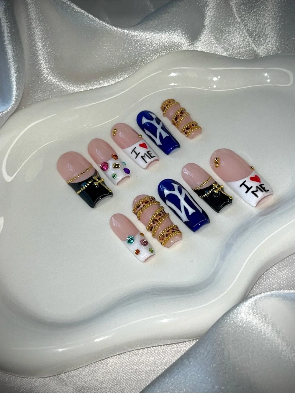 Nude & Blue Rhinestone Press-On Nail Set with Gold Accents